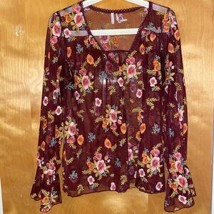 Anthropologie Sheer Embroidered Top Sz Xs Feather Bone